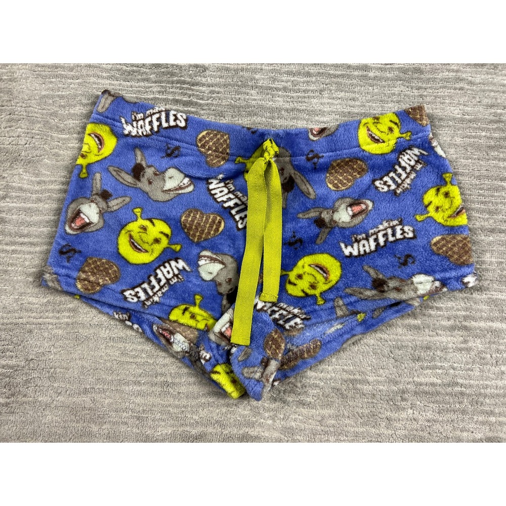 DreamWorks Pajama Shorts Women L Blue‎ Shrek Donkey I'm Makin Waffles Fleece